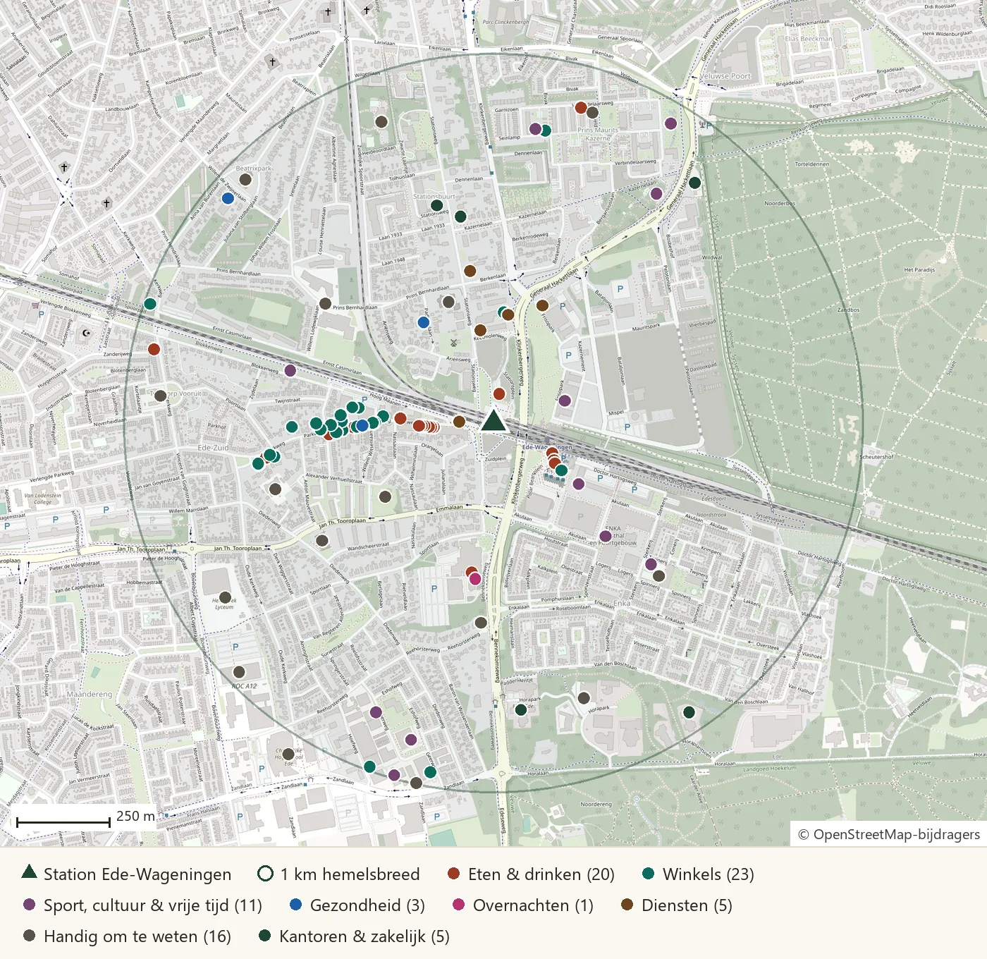 Kaart van het gebied binnen 1 kilometer rond station Ede-Wageningen: 84 gekleurde stippen tonen de bedrijven en voorzieningen per categorie (eten en drinken, winkels, sport en cultuur, gezondheid, overnachten, diensten, scholen en kerken, kantoren). Het station staat als groene driehoek in het midden; de meeste stippen clusteren rond de Parkweg ten zuidoosten van het station.